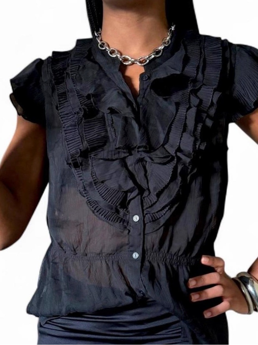 Sheer Ruffle Front Short Sleeve Top - Black